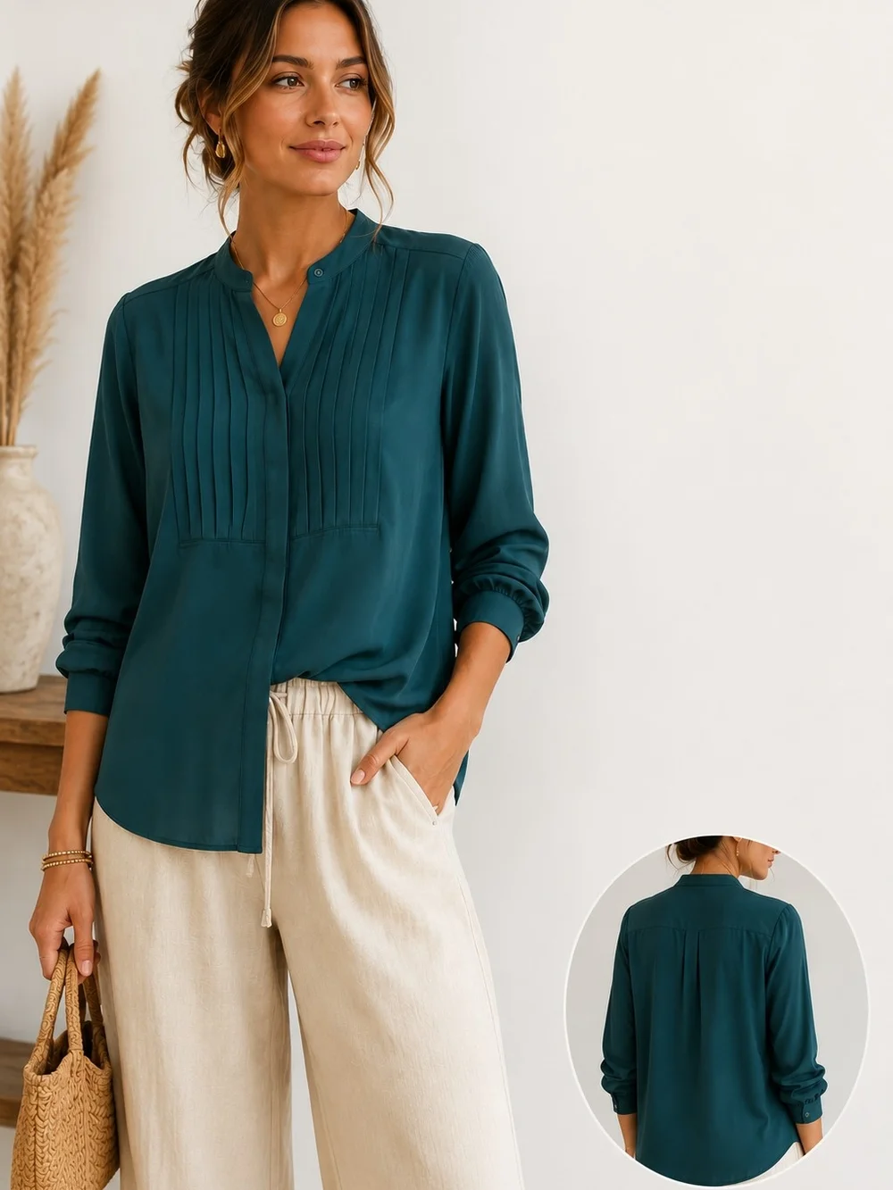 J.Crew Pintuck Blouse XL Dark Teal Hidden Button Long Sleeve Career Top